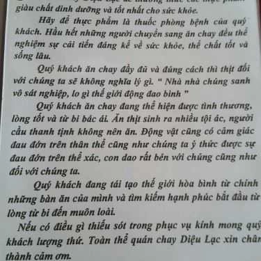 Thực đơn- Quán Ăn Quán Chay Diệu Lạc