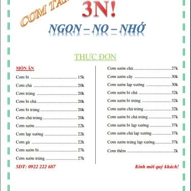 Thực đơn- Quán Ăn Quán Cơm Tấm 3N