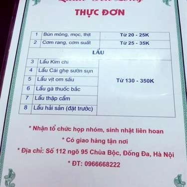 Thực đơn- Quán Ăn Quán Đèn Lồng - Các Món Lẩu
