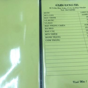 Thực đơn- Quán Ăn Quán Đông Ba - Trần Huy Liệu