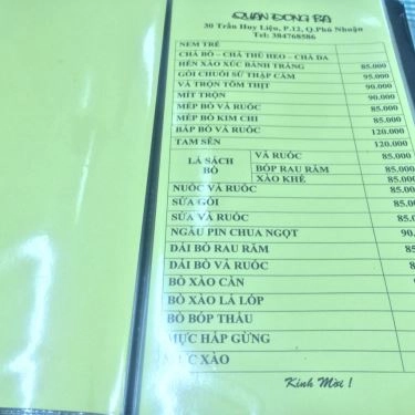Thực đơn- Quán Ăn Quán Đông Ba - Trần Huy Liệu