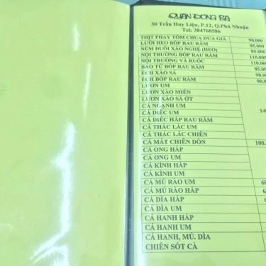 Thực đơn- Quán Ăn Quán Đông Ba - Trần Huy Liệu