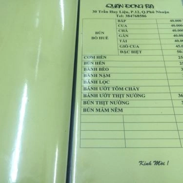 Thực đơn- Quán Ăn Quán Đông Ba - Trần Huy Liệu