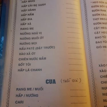 Thực đơn- Quán Ăn Quán Hoa Sứ - Cống Quỳnh