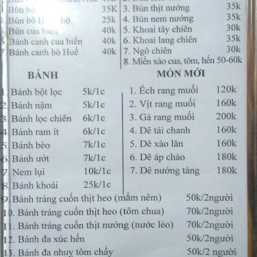 Thực đơn- Quán Ăn Quán Huế Đồng Khánh
