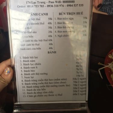 Thực đơn- Quán Ăn Quán Huế Đồng Khánh