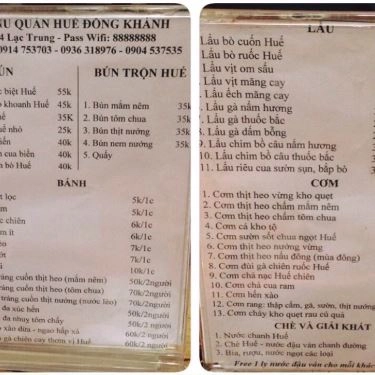 Thực đơn- Quán Ăn Quán Huế Đồng Khánh
