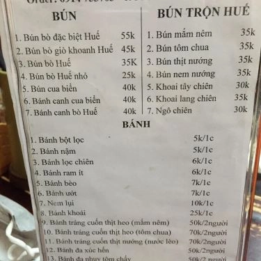 Thực đơn- Quán Ăn Quán Huế Đồng Khánh
