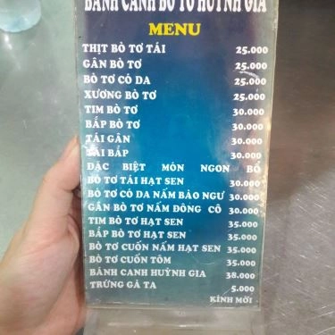 Thực đơn- Quán Ăn Quán Huỳnh Gia - Bánh Canh Bò Tơ Gánh
