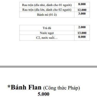 Thực đơn- Quán Ăn Quán Không Tên - Bà Triệu