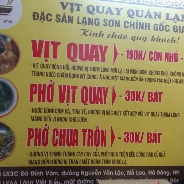 Thực đơn- Quán Ăn Quán Lạng - Phở Chua & Vịt Quay Lạng Sơn