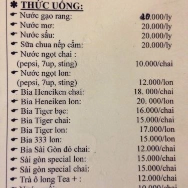 Thực đơn- Quán Ăn Quán Lim - Mạc Đĩnh Chi