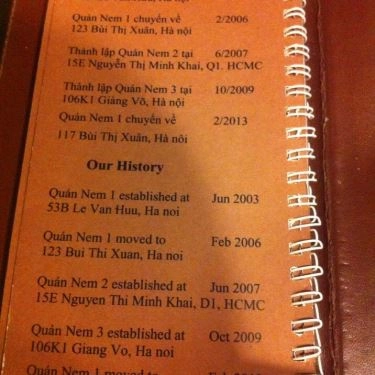 Thực đơn- Quán Ăn Quán Nem - Giảng Võ