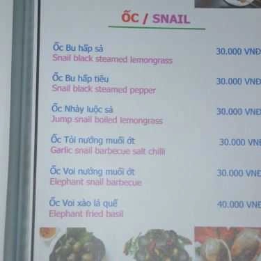 Thực đơn- Quán Ăn Quán Ngân Hà - Hải Sản Tươi Sống