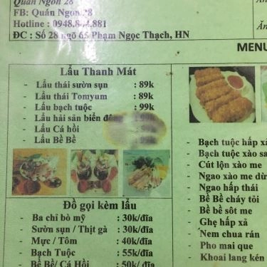 Thực đơn- Quán Ăn Quán Ngon 28 - Lẩu FA Hải Sản