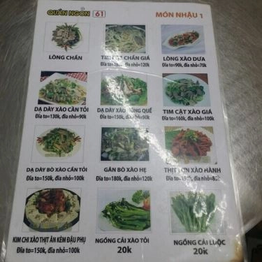 Thực đơn- Quán Ăn Quán Ngon 61 - Cháo Lòng & Lẩu