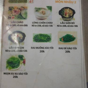 Thực đơn- Quán Ăn Quán Ngon 61 - Cháo Lòng & Lẩu