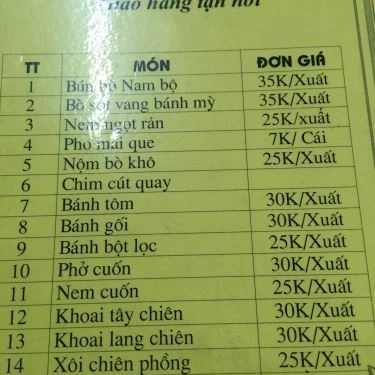 Thực đơn- Quán Ăn Quán Hoa Phượng - Bún Bò Nam Bộ & Chè Huế