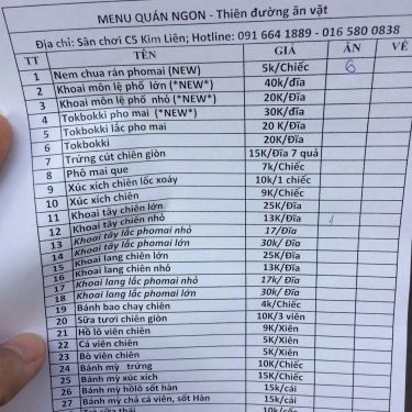 Thực đơn- Quán Ăn Quán Ngon - Thiên Đường Ăn Vặt
