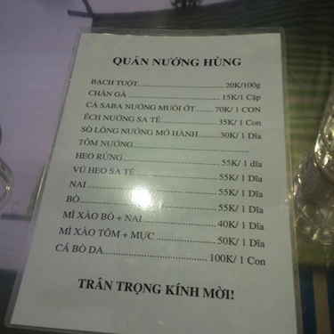 Thực đơn- Quán Ăn Quán Nướng Hùng - Võ Văn Kiệt