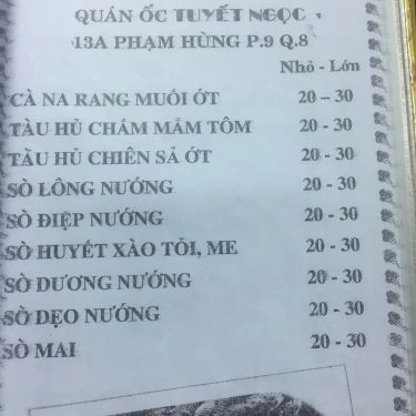 Thực đơn- Quán Ăn Quán Ốc Tuyến Ngọc