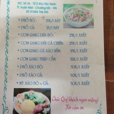 Thực đơn- Quán Ăn Phở Bò, Phở Gà, Cơm Rang - Tân Xuân
