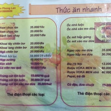 Thực đơn- Quán Ăn Phong Lan - Ốc, Chè, Nem