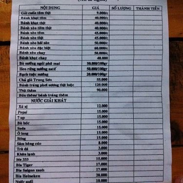 Thực đơn- Quán Ăn Quán Rau Rừng Trung Sơn - Bánh Xèo