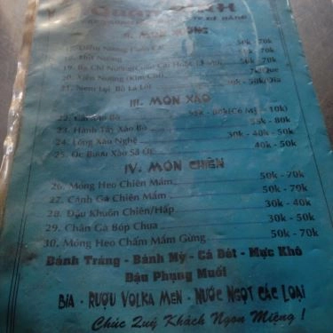 Thực đơn- Quán Ăn Quán Sinh - Phá Lấu & Lẩu Bò