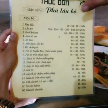 Thực đơn- Quán Ăn Quán Sinh - Phá Lấu & Lẩu Bò