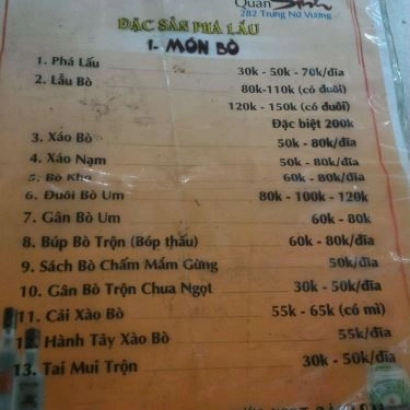 Thực đơn- Quán Ăn Quán Sinh - Phá Lấu & Lẩu Bò