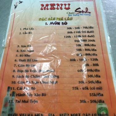 Thực đơn- Quán Ăn Quán Sinh - Phá Lấu & Lẩu Bò