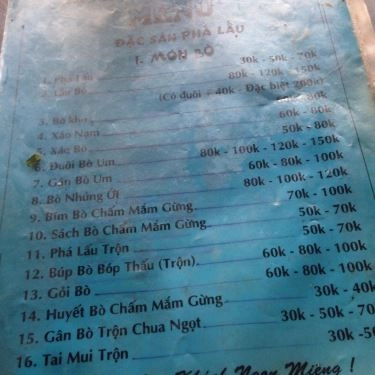 Thực đơn- Quán Ăn Quán Sinh - Phá Lấu & Lẩu Bò