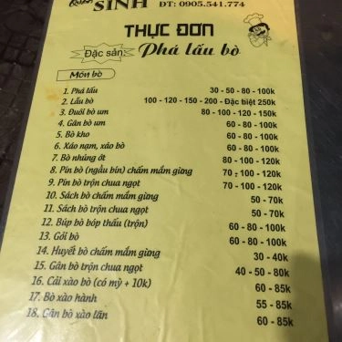 Thực đơn- Quán Ăn Quán Sinh - Phá Lấu & Lẩu Bò