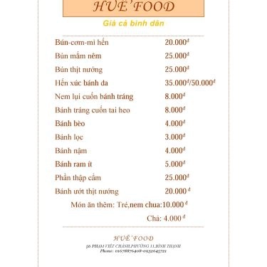 Thực đơn- Quán Ăn Huế Deli - Các Loại Bánh Huế