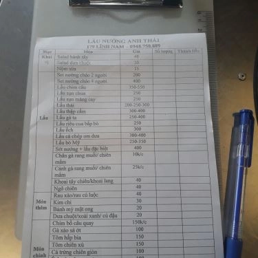 Thực đơn- Quán Ăn Anh Thái - Lẩu & Nướng