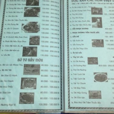 Thực đơn- Quán Ăn Quán Thanh Hoan - Bê Thui Bình Thuận