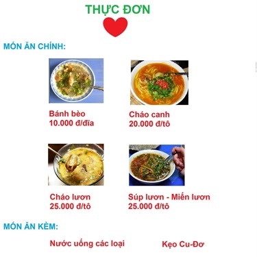 Thực đơn- Quán Ăn Quán Thương Béo - Bánh Bèo, Cháo Canh, Cháo Lươn Nghệ An Hà Tĩnh