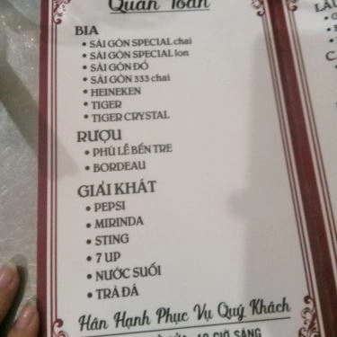 Thực đơn- Quán Ăn Quán Toàn - Lẩu Gà Ác