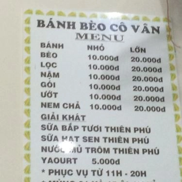 Thực đơn- Quán Ăn Quán Vân - Bánh Bèo - Nậm & Bột Lọc