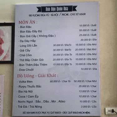 Thực đơn- Quán Ăn Quán Xưa - Bún Đậu