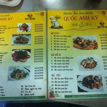 Thực đơn- Quán Ăn Quốc Anh Ký - Quán Cơm
