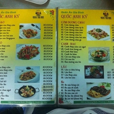 Thực đơn- Quán Ăn Quốc Anh Ký - Quán Cơm