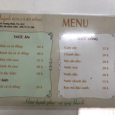 Thực đơn- Quán Ăn Quỳnh - Bún Cá Rô