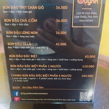 Thực đơn- Quán Ăn Quỳnh - Bún Đậu Mắm Tôm