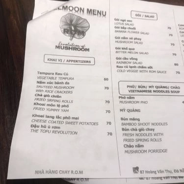 Thực đơn- Nhà Hàng R.O.M Restaurant - Ẩm Thực Chay