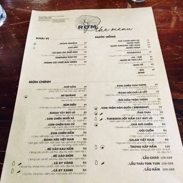 Thực đơn- Nhà Hàng R.O.M Restaurant - Ẩm Thực Chay
