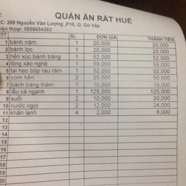 Thực đơn- Rất Huế - Quán Ăn Gia Đình