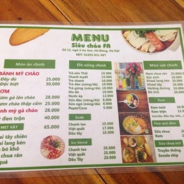 Thực đơn- Quán Ăn Siêu Chảo FA - Bánh Mì Chảo - Ao Sen