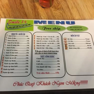Thực đơn- Quán Ăn Smile 1+ - Sinh Tố, Nước Ép & Ăn Vặt